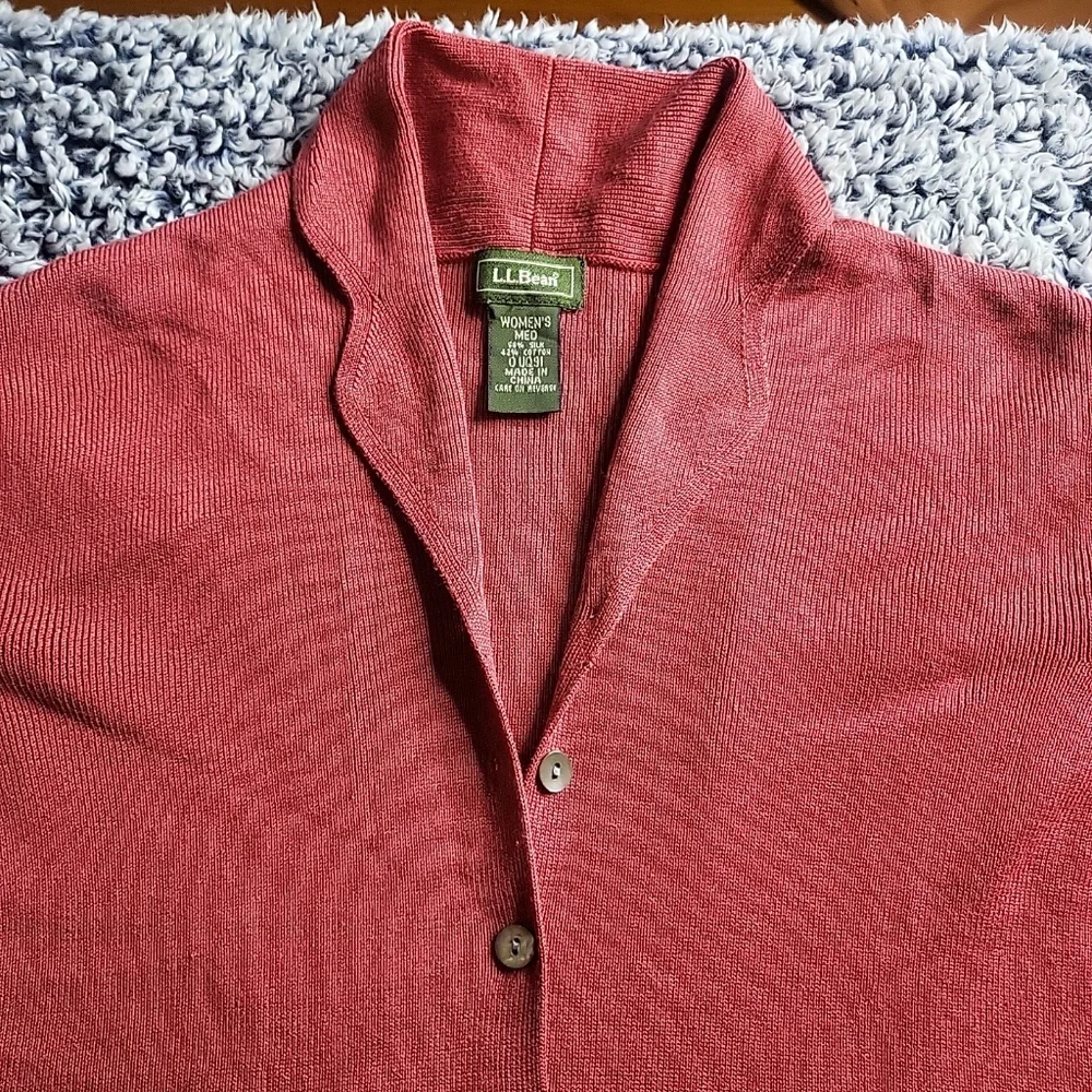 Womens L.L. Bean Sweater Cardi Silk Blend Burnt Red Cardigan Size M Indie Fall - Picture 5 of 11